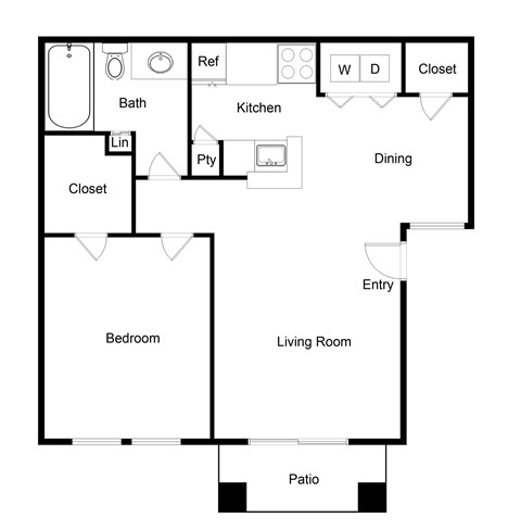 Floor plan for 1 bed, 1 bath, 663 sqft